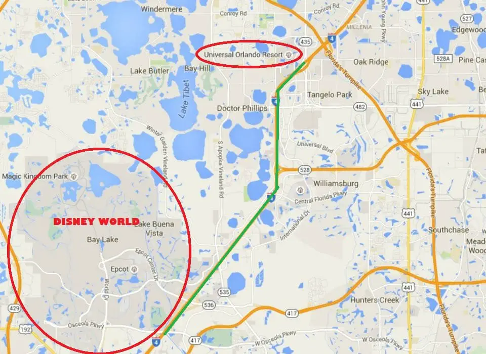 Map showing Disney World and Universal Orlando Resort
