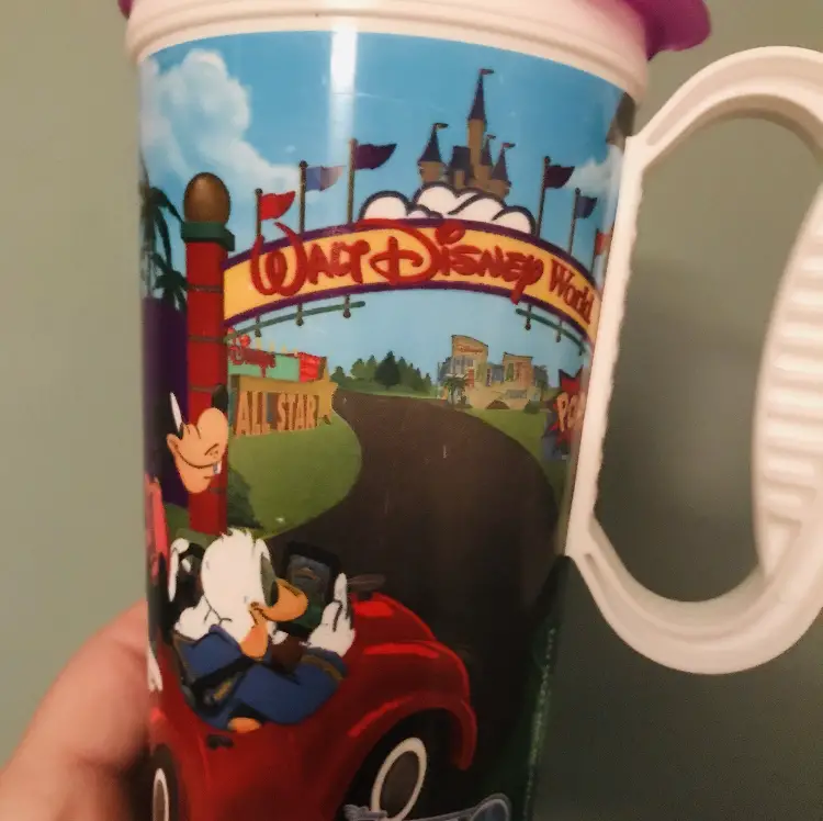 A close up look at a Disney World Refillable Mug