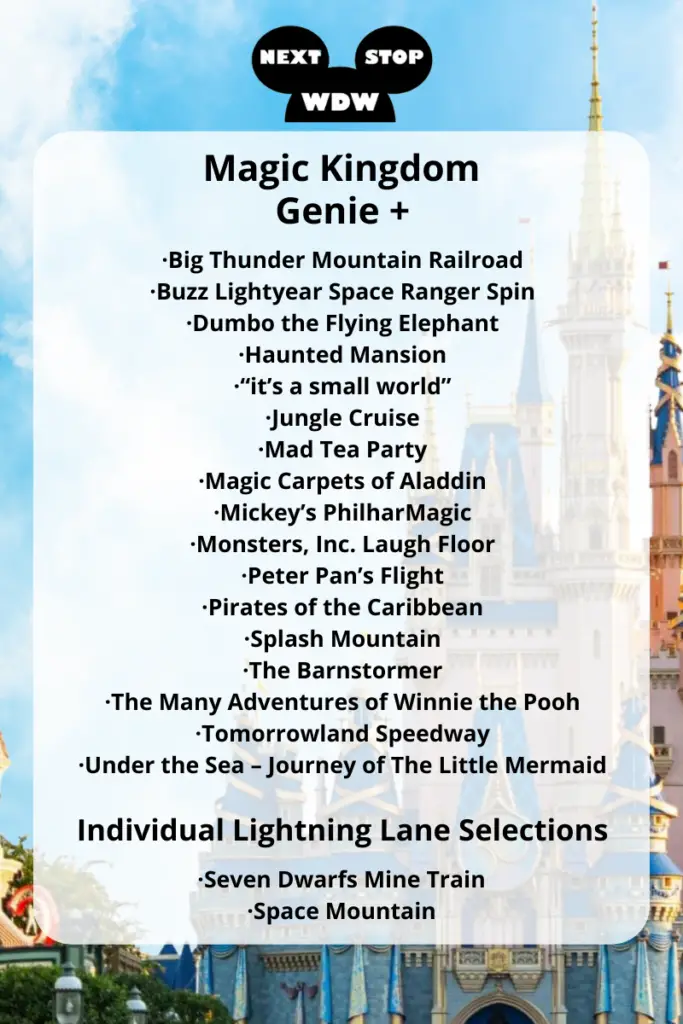 Magic Kingdom Disney Genie Plus Attractions