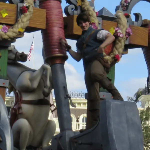 Flynn Rider during the Festival of Fantasy Parade at Magic Kingdom.