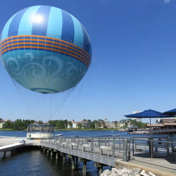 The ballon with views of the Disney Springs lake
