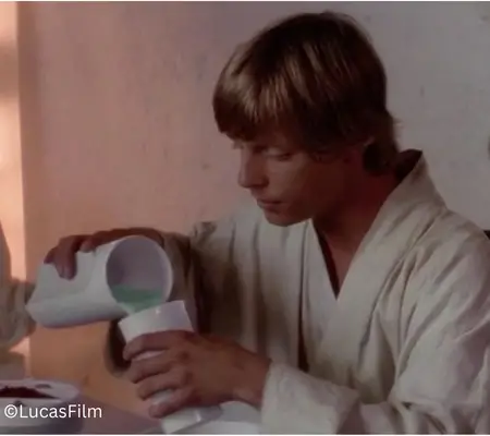 Luke Skywalker pouring blue milk in Star Wars Episode IV: A New Hope