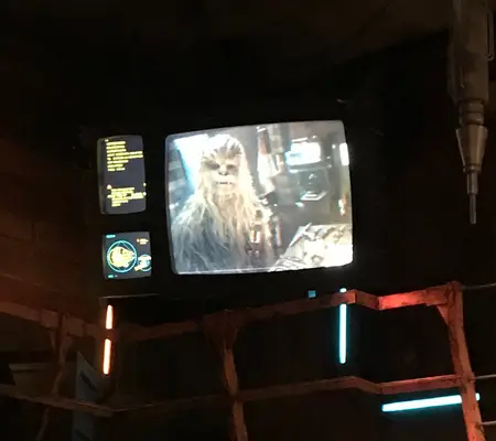 Chewbacca on screen during the rides pre-show
