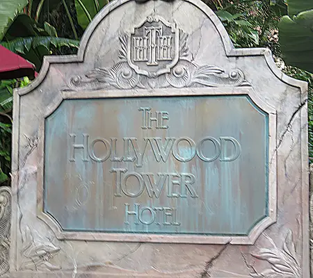 The Hollywood Tower Hotel Sign as you enter the ride line.