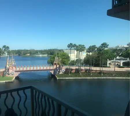 A view of the Hollywood Studios and Epcot Friendship Boats waterway between the parks from the Dolphin Hotel